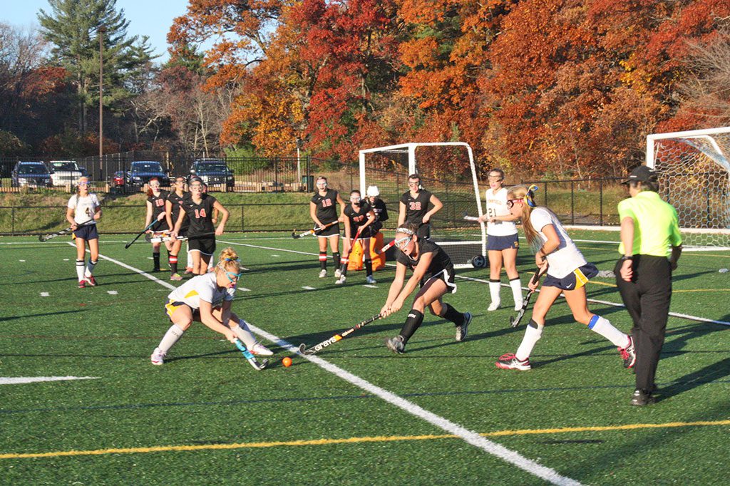 FORWARD Elise Murphy prepares to power past a Marblehead defender as the two teams battled to break a 1-1 tie in the second half of the Div. 2 North state tournament game. (Maureen Doherty Photo)
