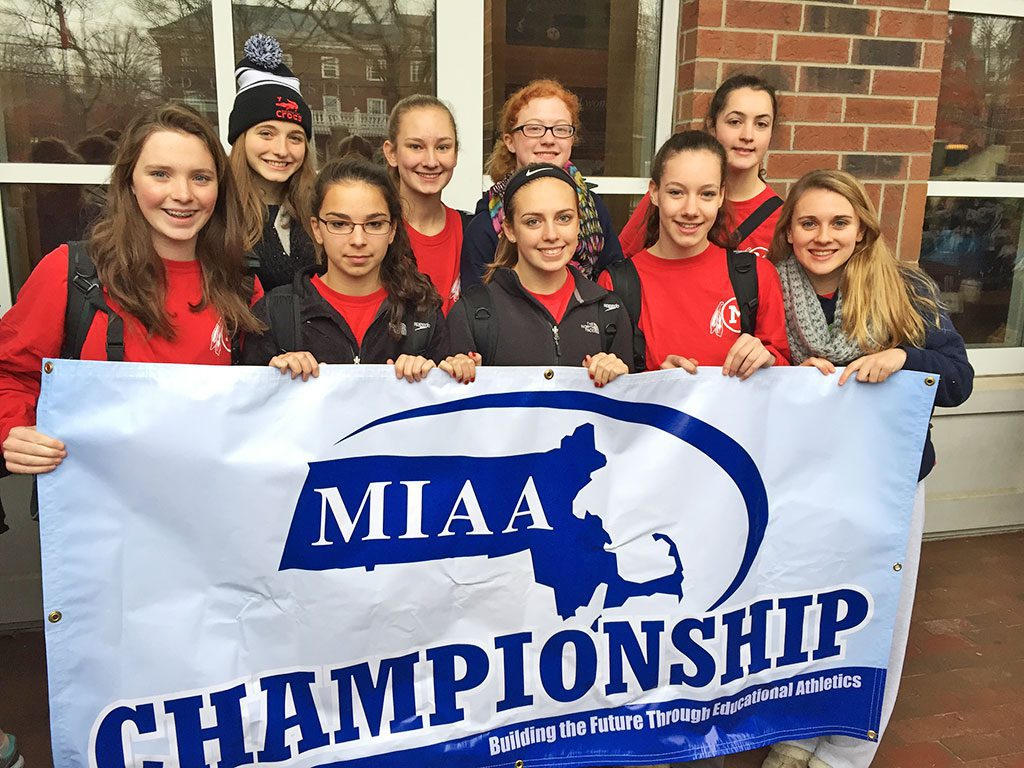 THE MELROSE Lady Raider swim team had their best showing ever at the MIAA All States meet on Saturday. Pictured prior to the event, from left front: Molly Williams, Olivia DeCecca, Virginia Guanci, Samantha D'Alessandro, Holly Cohan. Back: Maddy Hughes, Alva Ronn, Ali Thome and Isabel Bates.