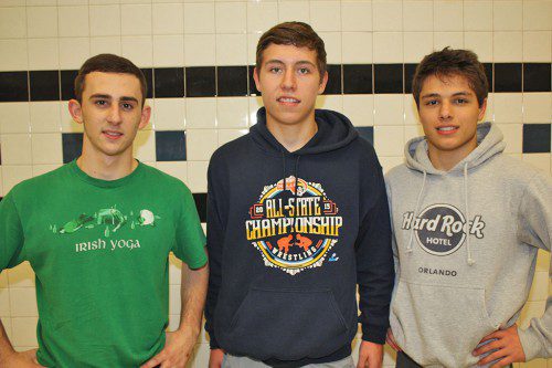 THE Lynnfield-North Reading co-op wrestling team will be led by senior captains, from left, Mike Reardon, Zack Monzione and Max Whyman this winter.(Dan Tomasello Photo)