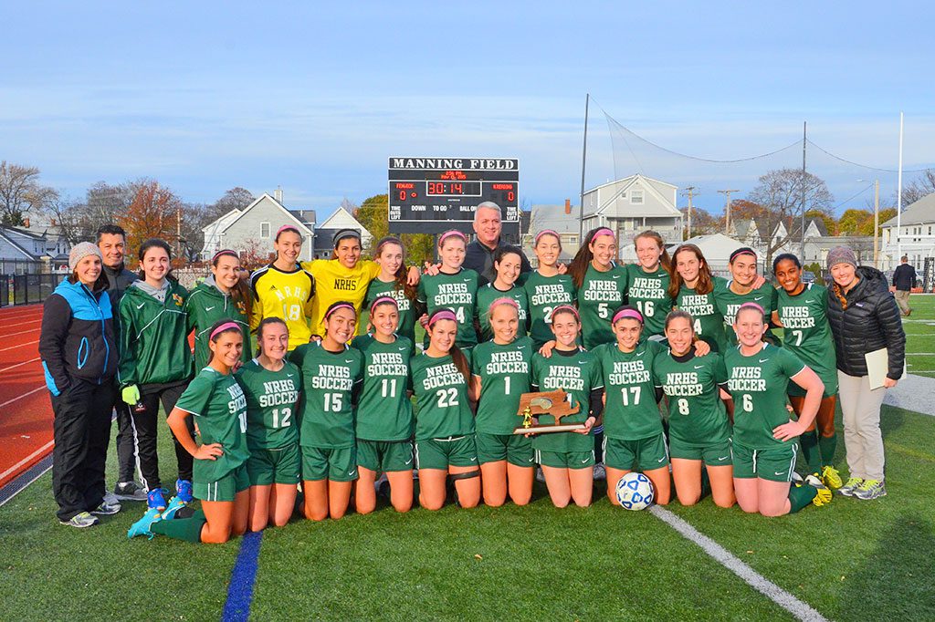 THE GIRLS SOCCER TEAM finished with a 17-4-2 record and was MIAA Tournament Division 3 North Champs for the first time ever. Kneeling, from left: Marissa Zarella, Rachel Hill, Anna Tayas, Haley Nathan, Marina Govostes, Captain Katie Welch, Captain Jordan Schille, Captain Jillian Comeau, Madison Syer, Johanna Walsh. Standing, from left: Coach Beth Weiss, Coach Carlos Moreno, Lauren Comeau, Kristina Copelas, Alyssa Crugnale, Boston Globe All Scholastic Katerina Hassapis, Julliette Nadeau, Samantha Dixon, Jessica Muise, Kirsten Bradley, Alexa Capozzoli, Karlie Vesey, Meredith Griffin, Giana Moscaritolo, Jerlin Kaithamattam, Coach Jessica Buckley and Boston Globe Division 3 Coach of the Year Sean Killeen. (John Friberg Photo)