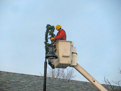 A LIGHT DEPARTMENT worker was busy at 7 a.m. this morning placing holiday decorations high on the light poles in the downtown.