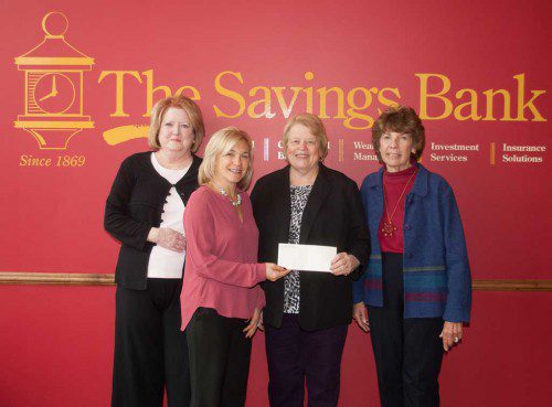 RAICHELL KALLERY (second from left), senior vice president and senior retail banking officer at The Savings Bank, presents a generous check to members of the Sweetser Lecture Series Advisory Committee to sponsor the 2016 Spring Sweetser Lecture Series. From left to right are Sara Murphy, Kallery, Faith Hodgkins and Diane Lind. The Series will start on Tuesday, March 29, 2016, with Anthony Amore (author, art heist authority and head of security at the Gardner Museum since 2005); continue with author and historian Kate Clifford Larson (”Rosemary, The Hidden Kennedy Daughter”) on Tuesday, April 12; and end with author and documentary producer Rick Beyer (”The Ghost Army of World War II”) on Tuesday, May 3.