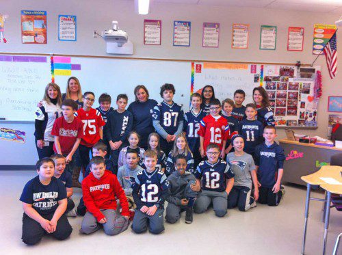 GALVIN FIFTH GRADERS and their teachers came to school this morning showing their true colors in support of the New England Patriots, who play in the AFC title game Sunday against Denver. Go Pats! 