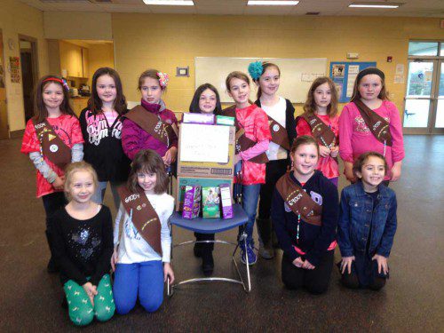 LOCAL BROWNIES RECENTLY dropped off 50 boxes of donated cookies to the Wakefield Interfaith Food Pantry. The troop recently set up two cookie booths at the Stop & Shop in Reading to sell Girl Scout Cookies. “I am so proud of my Brownie troop. We are thrilled because everyone loves Girl Scout Cookies,” said Robyn Griffin on behalf of the Wakefield Brownie Troop. Included in photo: (Front row) Ava Cable, Lucy Wagner, Brynne Curley, and Isabella LaFratta. (Standing) Hailey Napoleone, Allison Pesa, Amelia Griffin, Abigail Lannen, Charlotte Holmes, Chloe O’Brien, Rose Lieber, and Morgan Jackson. Missing from photo: Victoria Sullivan. The pantry also welcomes food and cash/check donations made out to the Wakefield Interfaith Food Pantry. Community members interested in organizing a food drive should send an e-mail to wifp.fooddrive@gmail.com.