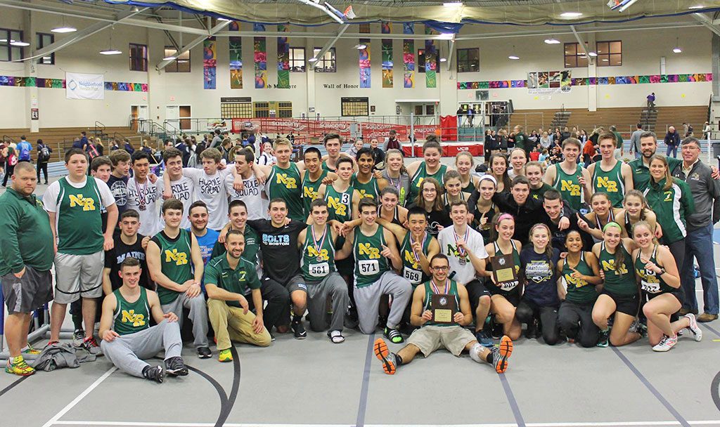 HAPPY FACES. The NRHS Boys and Girls track teams won the CAL Varsity Open with double wins Tuesday, February 2 at Reggie Lewis Track center in Boston. (Courtesy Photo)