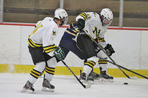 PATRICK DRISCOLL and Jared Valade battle for the puck against their opponent. (Stephanie Tannian Photo)