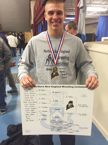 EVAN KRAMICH was crowned champion of the 160-lb. weight class at the Northern New England Invitational wrestling meet in Bath, Maine. (Courtesy Photo)