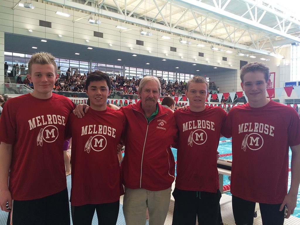 MELROSE HIGH'S 200 freestyle relay team broke the school record at the Div. 2 State Finals at Boston University. Swimmer Joe Connolly (right) also broke the school record in the 100 back. (courtesy photo) 