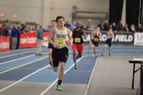 SHAWN CARLSON, of Wakefield and running for Bishop Fenwick, won the Div. 5 state title in the 600 meter run on Saturday at the Reggie Lewis Track and Athletic Center. He ran a blazing time of 1:22.34 over runner up Nevin Wallis of Martha’s Vineyard who ran a time of 1:24.17. On Saturday at the All-State championship meet, Carlson will be seeded third.