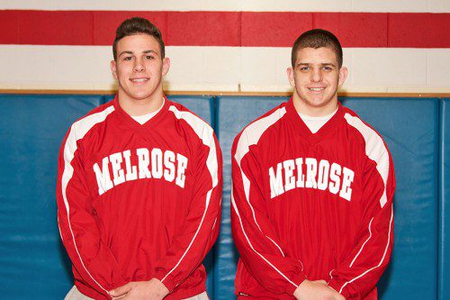 ANTONIO DIFRONZO (left) and Patrick Whelan (right) are Middlesex League Champions in wrestling after taking their weight classes on Saturday at the ML League meet. (Donna Larsson photo) 