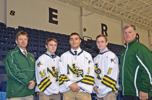 2016 HOCKEY CAPTAINS Patrick Driscoll, Nick Ponte and Michael Driscoll at Merrimack College with Coach John Giuliotti and Athletic Director Dave Johnson. (Bob Turosz Photo)
