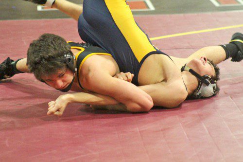 SENIOR CAPTAIN Max Whyman (at left) compiled a 2-2 record in the 132 lb. weight class during All-States last weekend. In the first consolation round, Whyman pinned Hanover’s Danny Ryan at 4:55. (Courtesy Photo)