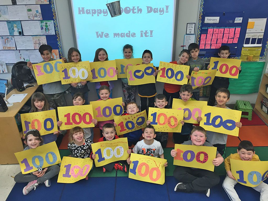 STUDENTS IN THE TOWN'S SCHOOLS observed the 100th day of school last week and no one celebrated with more gusto than Nancy Boudreau's first grade class at the Batchelder School. (Courtesy Photo)