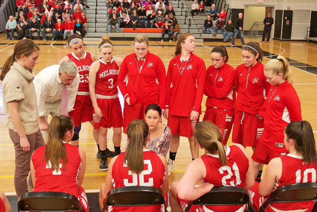 AFTER WINNING their opening round game against Tewksbury on March 2, the Lady Raider hoop team bowed out of D2 North playoffs against Arlington Catholic on Sunday, 55-43. (Donna Larsson photo)