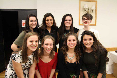THE 2015 captains for the WMHS girls’ indoor track team passed the leadership baton to next year’s captains. In the front row incoming captains include (left to right) Cassie Lucci, Abigail Harrington, Taylor Messina and Christina Freni. Outgoing captains in the back include (left to right) Sarah Buckley, Jillian Cataldo, Sara Custodio and Samantha Ross.  