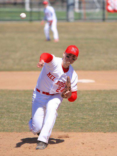 THE MELROSE Red Raider baseball team is off to a 5-2 start tied at the top of the league with Wakefield. Pictured is hurler Alec Tauro. (Donna Larsson photo) 