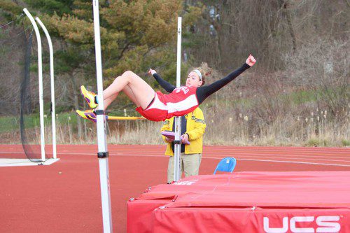 ALLEE PURCELL, a sophomore, won the high jump as she cleared 4-8. Purcell also captured firsts in the 400 meters (62.6 seconds) and 200 meters (29.4 seconds). (Donna Larsson Photo)