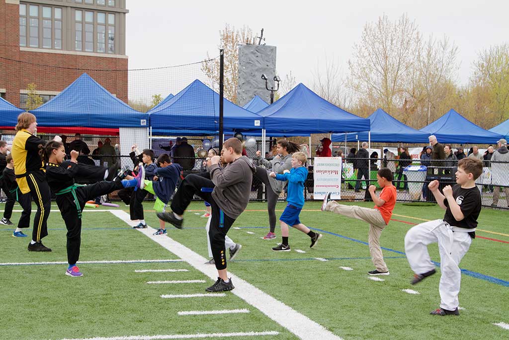 A KARATE class demonstration was one of the many participatory events featured at the eighth annual Healthy Melrose Fair at the high school athletic complex May 7. There were 2,000 attendees at the event despite the cold and overcast conditions.          (Donna Larsson Photo)