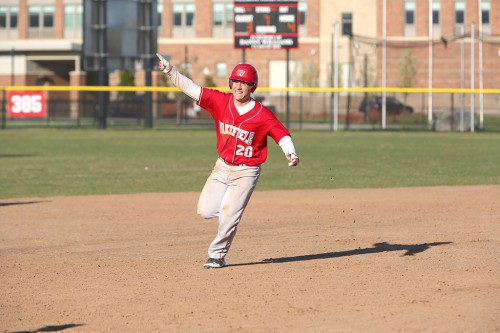 PAUL MCGUNIGLE, a senior, walked twice, stole a base and scored a run as the WMHS baseball team posted a 5-2 victory over Stoneham to remain in first place in the Middlesex League Freedom division. (Donna Larsson File Photo)