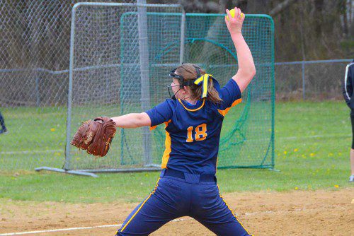 HAYLEY O’BRIEN pitched a complete game for the Pioneers in a nine-inning battle against Manchester-Essex, striking out 12 and earning the win in the 6-5 victory. (John Friberg Photo)