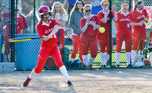THE MELROSE Lady Raider softball team saw their season end in the opening round of playing in a 4-1 loss to Burlington. Pictured is batter Ali Bornstein of Melrose. (Steve Karampalas photo) 