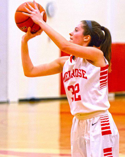 ALEXIS DOHERTY scored nearly 40 points in two games for the Melrose High girls’ hoop team who stunned Watertown last week, 43-37. (Steve Karampalas photo)
