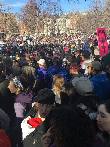 WAKEFIELD RESIDENT Regina Martine took this photo on Boston Common Saturday during the Boston Women's March. An estimated 175,000 peaceful protesters — men and women united in their stand against President Donald Trump — attended. Regina also said a local group called One Degree is being formed. Part of the still-incomplete mission statement is: "We are all One Degree from someone in need, One Degree from someone who feels unsafe, One Degree from someone with a story just like our own, One Degree from someone who wants to help. These connections are more important than ever in a society that seems to focus on our differences rather than our similarities. One Degree's mission is to find these connections and celebrate them so we all have the opportunity to be safe, to be heard, and to be stronger than the forces that strive to divide us."