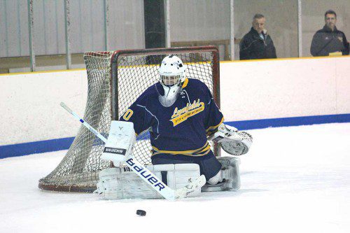 Dave Langone tallied 24 saves during the Pioneers’ 2-1 victory over Masconomet Jan. 14.   (Dan Tomasello Photo)