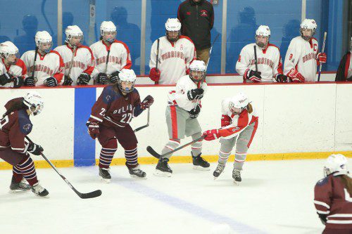HOPE MELANSON, a freshman forward (#2), scored two out of the four Warrior goals in a non-league game against Marblehead last night at the Stoneham Arena. (Donna Larsson File Photo)