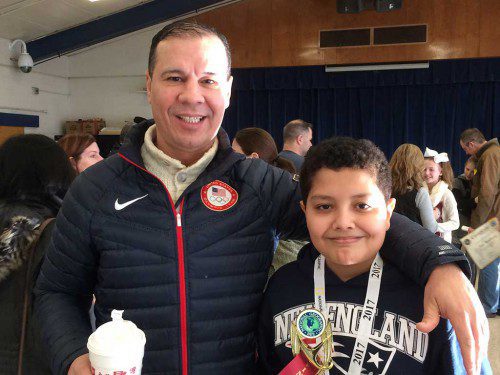 FAHD Benhafoune (right) poses with proud dad Abdellatif Benhafoune after winning Wednesday’s geography bee at the Little School. See more in this week’s Transcript. (Bill Laforme photo)