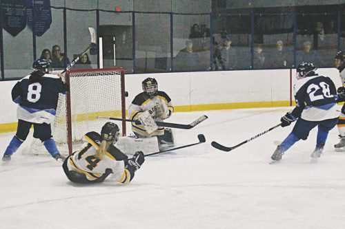 TENACIOUS Sammy Mirasolo (8) takes one of many shots on net against Bishop Fenwick Friday. She lit the lamp in the first period to give the co-op girls’ hockey team a 1-0 lead. Her sister Cassie’s goal put the Tanners up 2-0. The game ended in a 2-2 tie. (Mark Grant Photo) 
