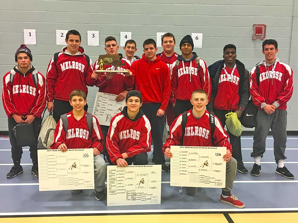 THE MELROSE High School wrestling team are Div. 3 North Champs after sweeping the competition on Saturday at the North Sectionals at Danvers High. (courtesy photo)