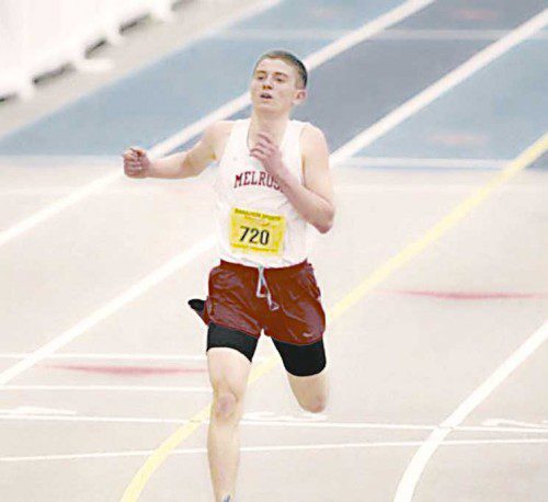 KEVIN WHEELOCK of Melrose High stunned on Thursday, Feb. 16 at the Reggie Lewis Center in Boston when he earned two state titles in two events at the MIAA Div. 4 Indoor Track State Finals. The senior is now Div. 4 State champion in both the one mile and two mile. It is Wheelock’s third state title earned in his high school career. (courtesy photo)