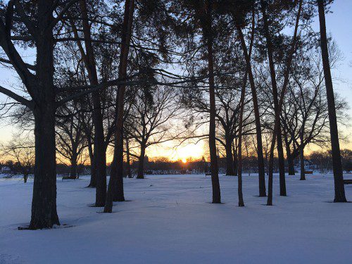 ANOTHER DAY BEGINS in Hall Park. Wakefield, like most of the region, was clobbered during a winter storm  Thursday. (Colleen Riley Photo)