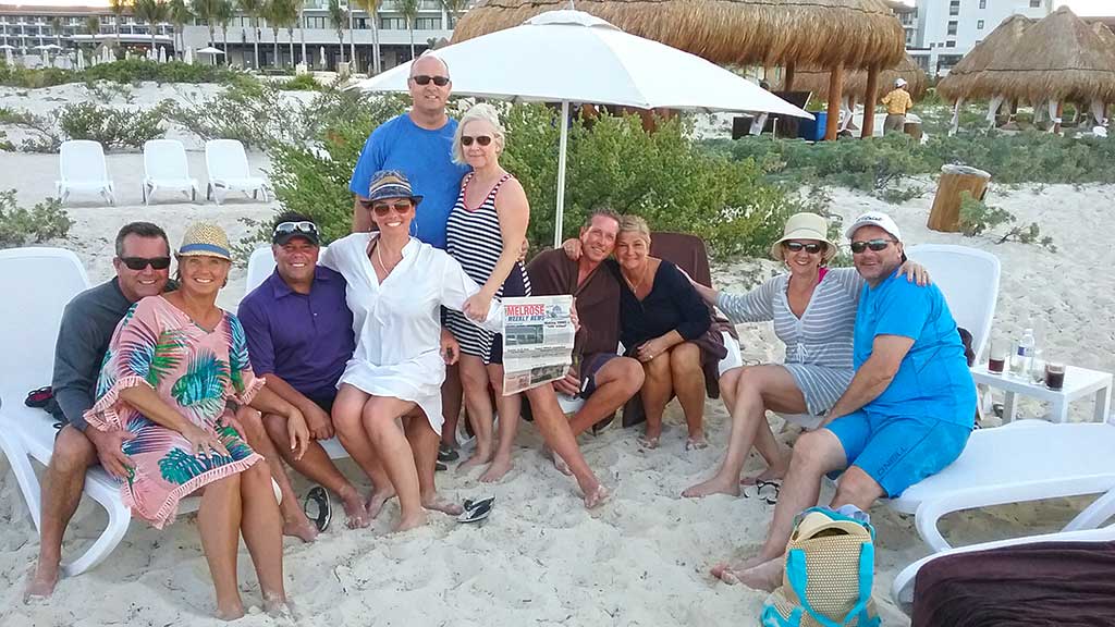 BOB KRASCO sent us this photo of a bunch of friends escaping last week’s storm in Cancun, Mexico. From the left are George and Carol Farr, Mark Drago and Cheryl McGuire, David and Carol Vernet, Scott and Judy Colborne and Eleanor and Bob Krasco.
