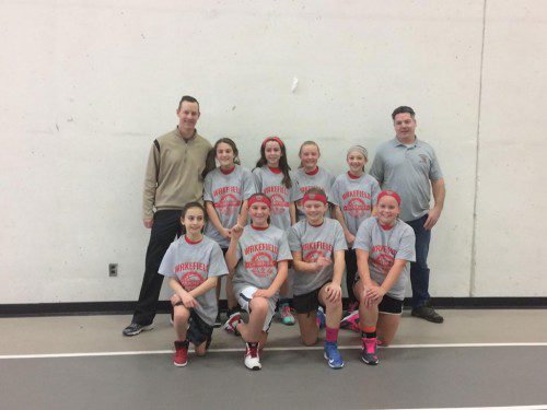 THE WBA Girls' Fifth and Sixth Red Team won the Fifth and Sixth Grade level championship game. The team consists of one sixth grader while the rest are all fifth graders. In the front row (left to right) are Audrey Smith, Kate McPhail, Meredith Morris, and Meghan Cataldo. In the back row (left to right) are Coach Matt McPhail, Morgan Viera, Abbey Blair, Shiri Leiber, Ally Strongofsky, and Assistant Coach Tim Morris.