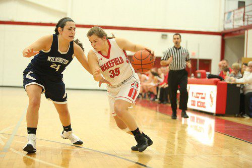 HANNAH DZIADYK, a junior guard (#35), and the rest of the Warrior girls’ hoop team is hoping to have a strong game against Tewksbury tomorrow in a Div. 2 North quarterfinal game at the Charbonneau Field House. (Donna Larsson File Photo)