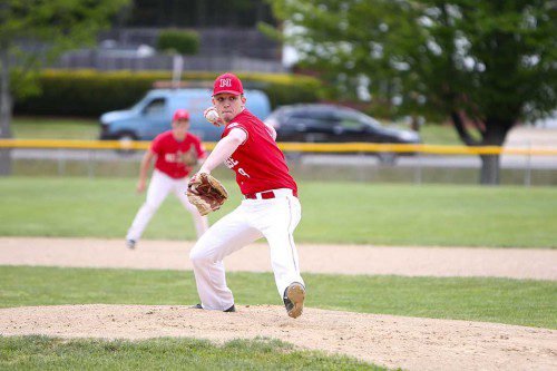 THE MELROSE Red Raider baseball team took their season opener against Malden in a 6-4 comeback victory. Pictured is hurler John Casparriello. (Donna Larsson photo) 
