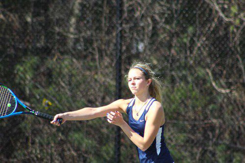SECOND singles player Camie Foley overcame her Bishop Fenwick opponent 6-2, 6-3 to contribute to Lynnfield’s shutout over the Crusaders. (Maureen Doherty Photo)