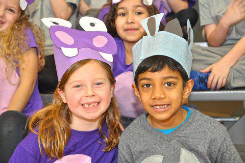 “Hippo” and “Rhino” Olivia Antonuccio and Dhyan Vijaianand at last week’s Batchelder School performance of “Wild Things.” Kaia Cushing-Candelario is in the background. (Courtesy Photo)