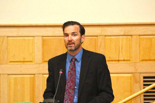 ATTY. PATRICK CURLEY spoke on behalf of Citizens for the Lynnfield Rail Trail. (Maureen Doherty Photo)