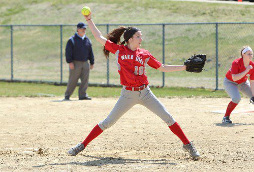 JULIA PURCELL, a junior, earned her second victory of the season as the Warriors to a 17-1 win over Northeast Metro Tech yesterday afternoon. Purcell also had two hits, scored four runs, and knocked in two runs. (Donna Larsson File Photo)