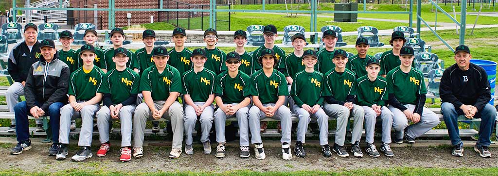 BIG STARS ON THE BIG DIAMOND. North Reading’s Eastern Massachusetts Independent Baseball League (EMIBL) team, comprised of the town’s top seventh and eighth grade players, is having another strong spring as it continues in its role as a pipeline to the NRHS program. Players are improving their fundamentals while gaining an understanding of the strategy that comes with Big Diamond baseball, and a recent winning streak has pushed the Hornets into second place in the EMIBL’s American Division. Their success indicates a bright future for the high school team; nearly every starter on this year’s North Reading varsity came through the town's EMIBL program. Pictured are (top row, left to right): Head Coach Marco Vittozzi, Ryan Caviasca, Charlie O’Brien, Peter Wyatt, Nicholas Shea, Rob Tammaro, Michael Vittozzi, Brady Cunningham, Cooper Mann, Nick Rinaldi, Theodore Suny, Jack Fischer, Connor Macintyre; (bottom row): Manager Jim Demetri, Dylan Griffin, Jared Macdonald, Zach Sampson, Tim McCarthy, Frank Cassarino, Joseph Giacalone, Joe Caviasca, Tyler Craig, Nico Centofanti, Nick Ciardiello, Pitching Coach Kevin Macintyre; (Missing from the photo: Assistant Coach Aldo Vittozzi and players Anthony Juliano and Preston Lydotes).