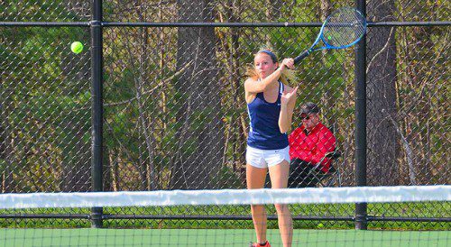 SENIOR CAPTAIN Camie Foley defeated her second singles counterpart in two sets, 6-1, 6-1, during the Pioneers’ 5-0 victory over Triton 5-0 May 11. (John Friberg Photo)