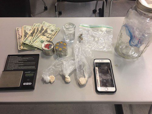 POLICE REPORTED finding 13 grams of fentanyl a digital scale and other drug-related items after a vehicle stop on Salem Street yesterday afternoon. A Peabody man was arrested for possession with intent to distribute.