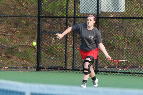 ABBY CHAPMAN, a senior captain, pulled out a hard fought 7-5, 6-2 triumph at first singles in Wakefield's 5-0 victory over Melrose on Thursday at the Dobbins Courts. (Donna Larsson File Photo)