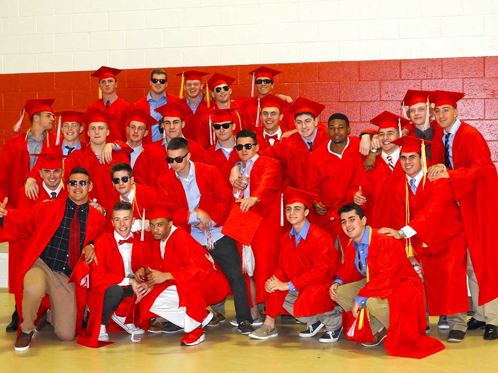 THESE YOUNG MEN assembled in the Marcoux Gym before they graduated from Melrose High Friday, June 2. More on the ceremony can be found inside this week’s paper, as can our annual graduation supplement. (Lisa Lord Photo)
