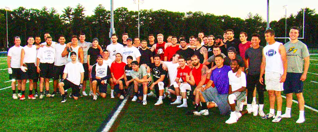 THE GANG’S ALL HERE. Nearly 50 LHS Football Alumni participated in the first annual 7v7 tourney to benefit the LFPC. (Tom Condardo Photo)