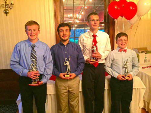 THE TROPHY winners from the WMHS boys' tennis banquet were (from left to right) James Hanron (Sportsmanship Award), Noel Sellers (Coaches Award), Zachary Covelle (Warrior Award),and Noah Greif (MVP). The team had a great season, finishing third in the Freedom division.