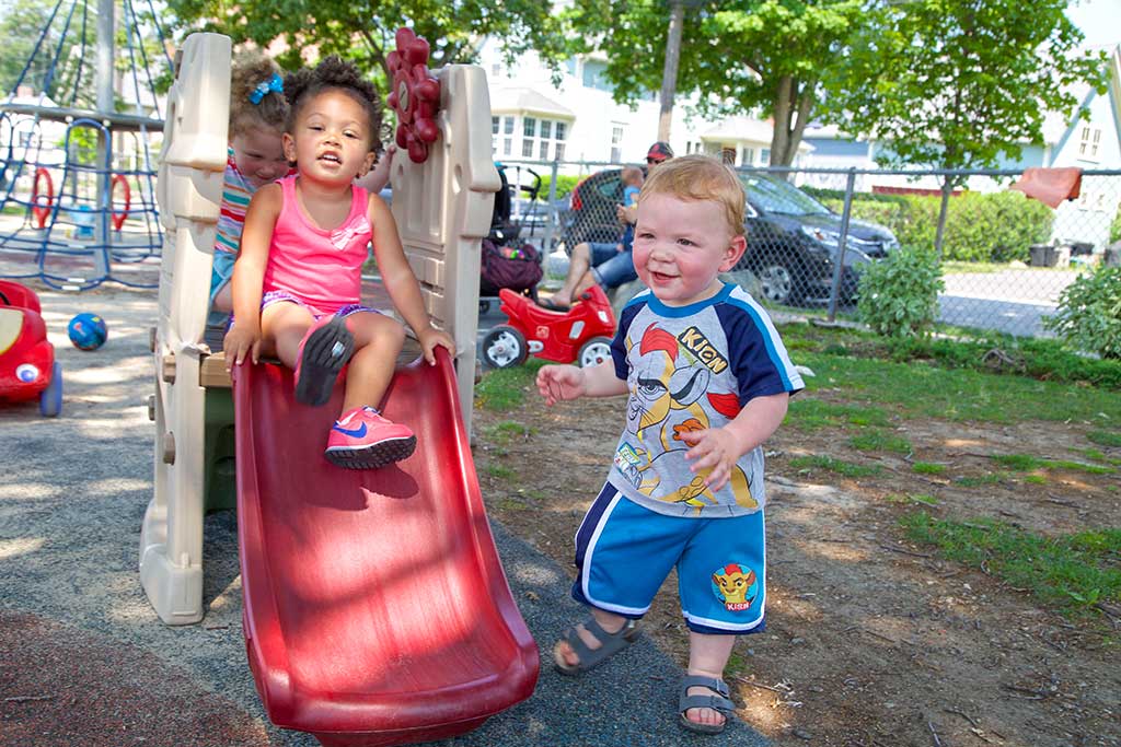 TWO-YEAR-OLD Maya Elivert and 15-month-old Pearse Keleghan enjoyed the warm temperatures while playing at the playground at the Common last weekend.  (Donna Larsson Photo)
